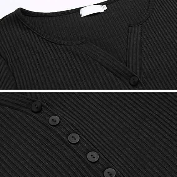 Damen Langarm V-Ausschnitt Gerippter Strickpullover mit Knopfleiste Enganliegendes Oberteil
