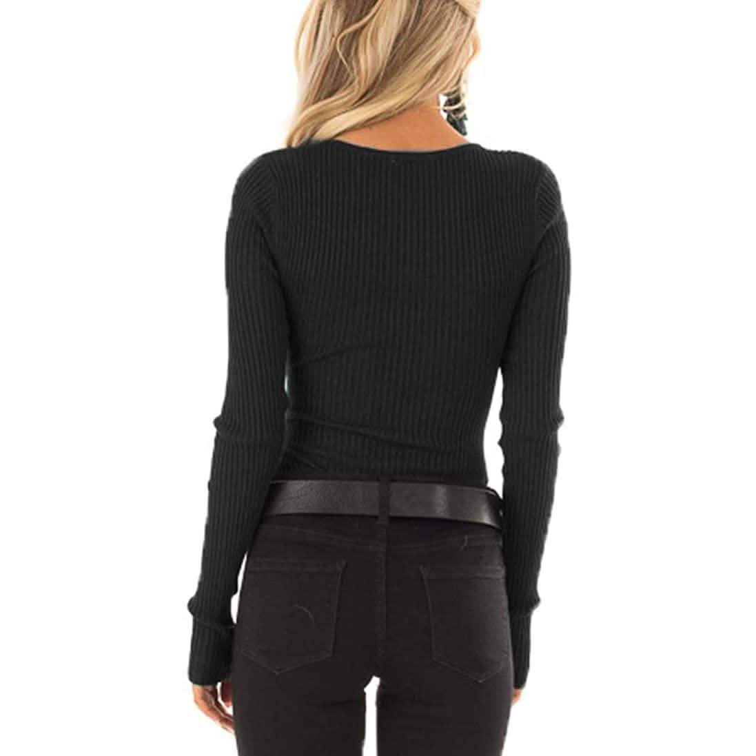 Damen Langarm V-Ausschnitt Gerippter Strickpullover mit Knopfleiste Enganliegendes Oberteil
