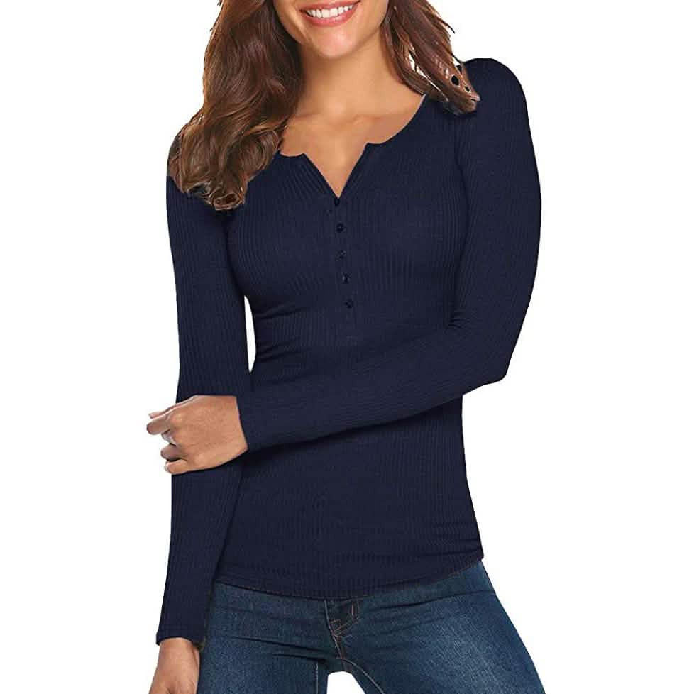 Damen Langarm V-Ausschnitt Gerippter Strickpullover mit Knopfleiste Enganliegendes Oberteil