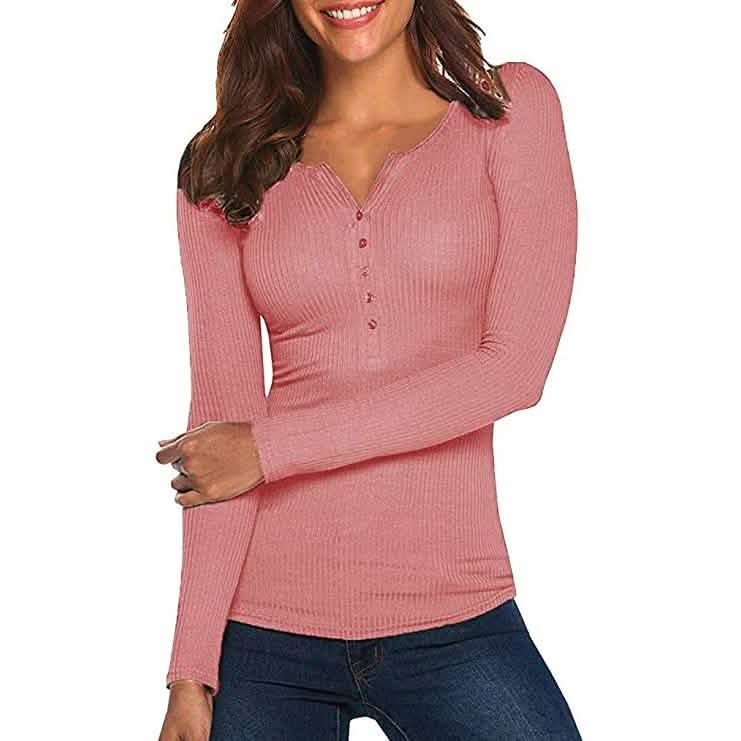 Damen Langarm V-Ausschnitt Gerippter Strickpullover mit Knopfleiste Enganliegendes Oberteil