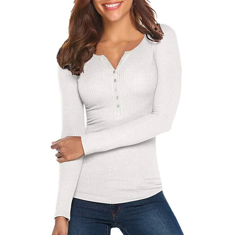 Damen Langarm V-Ausschnitt Gerippter Strickpullover mit Knopfleiste Enganliegendes Oberteil