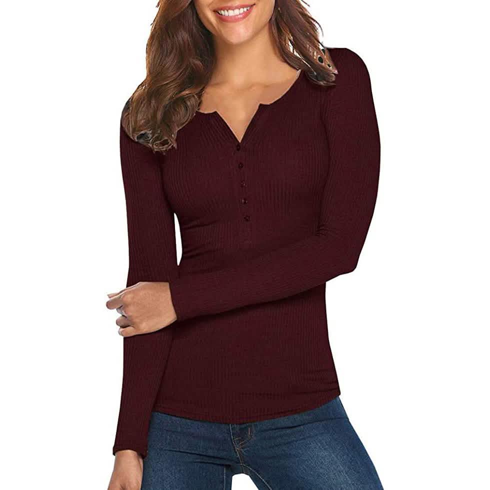 Damen Langarm V-Ausschnitt Gerippter Strickpullover mit Knopfleiste Enganliegendes Oberteil