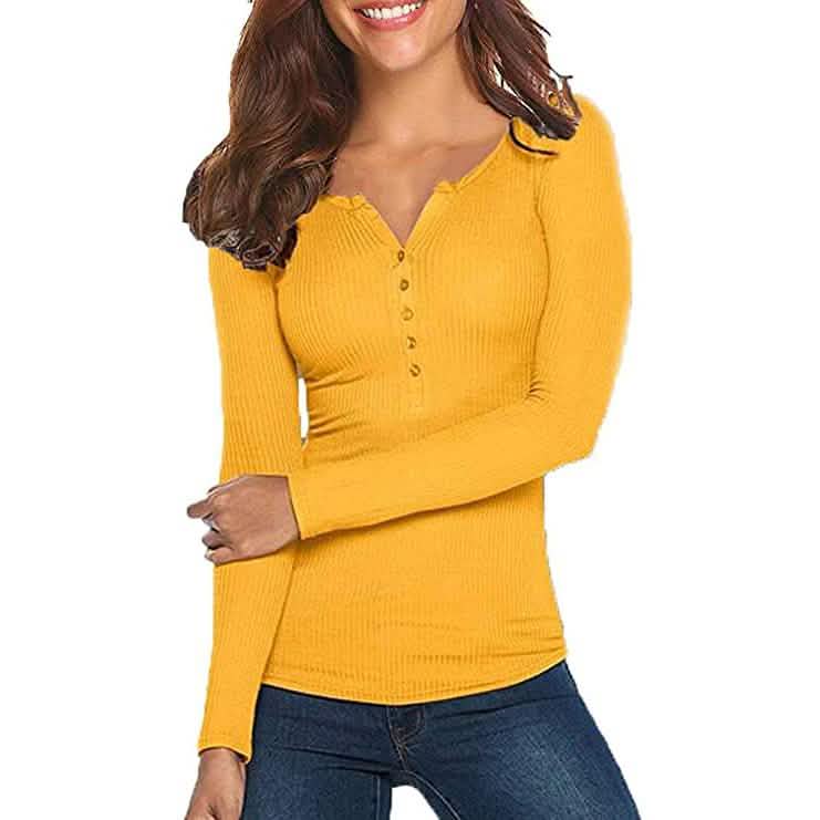 Damen Langarm V-Ausschnitt Gerippter Strickpullover mit Knopfleiste Enganliegendes Oberteil