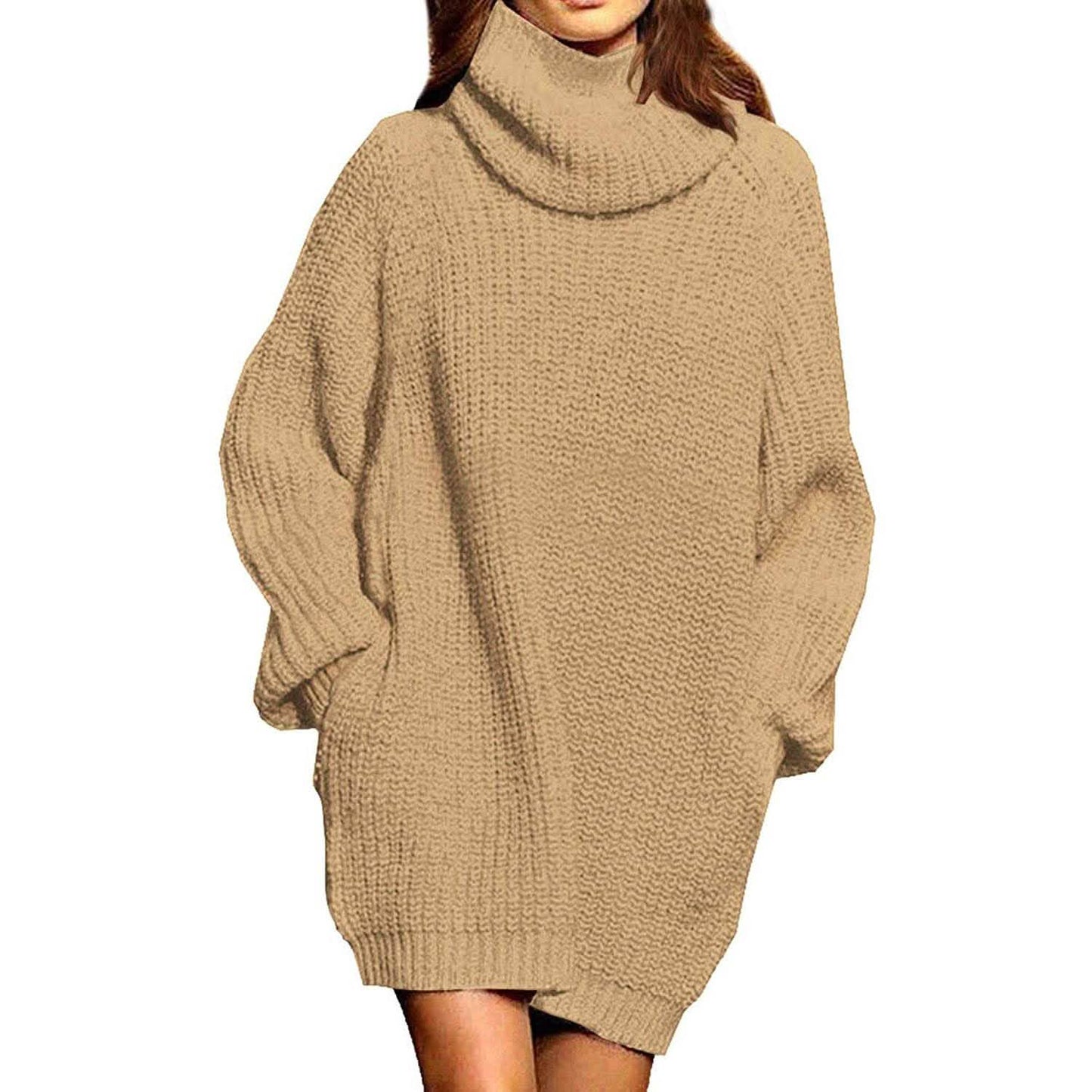 Damen Lockerer Rollkragen Oversize Longpullover Strickkleid