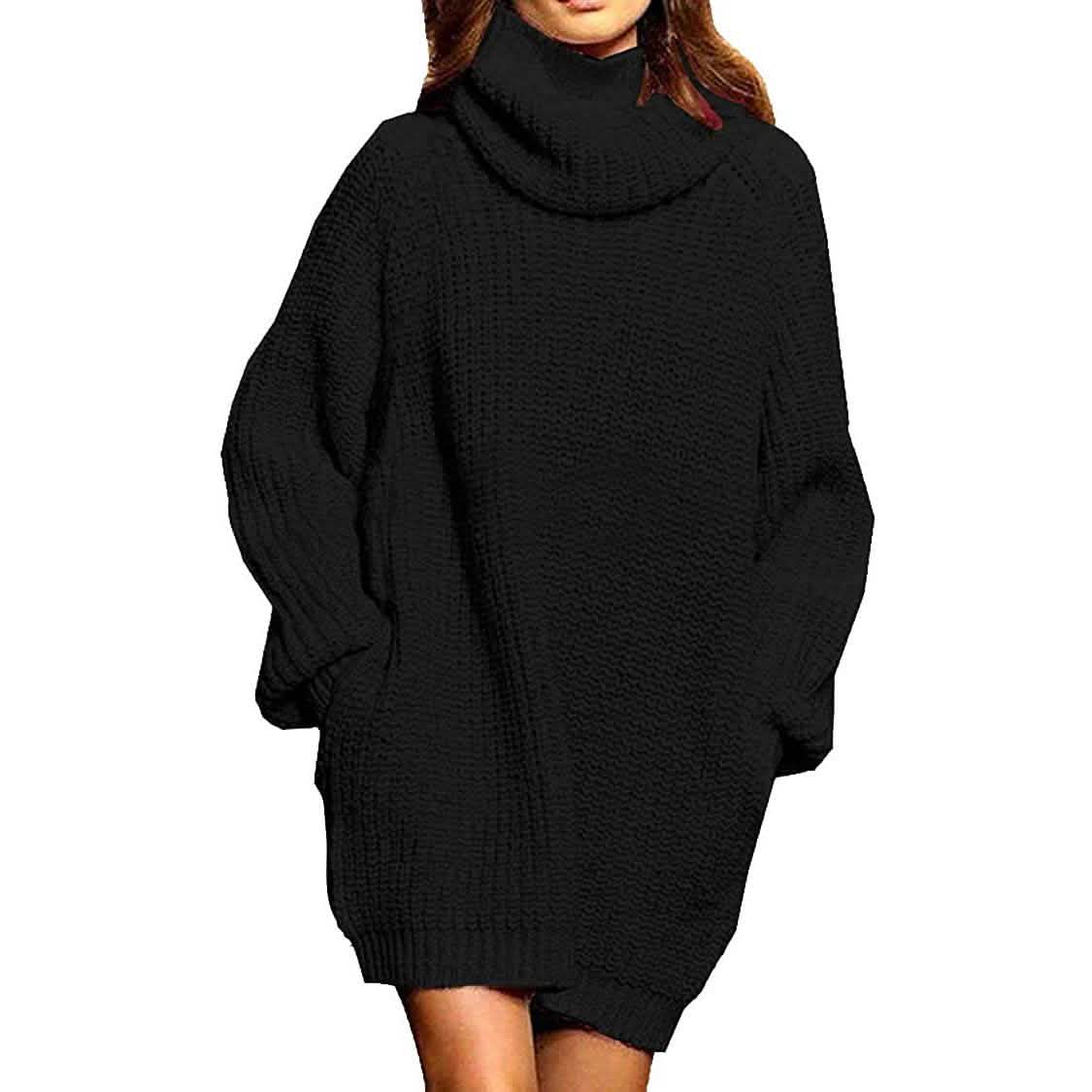 Damen Lockerer Rollkragen Oversize Longpullover Strickkleid