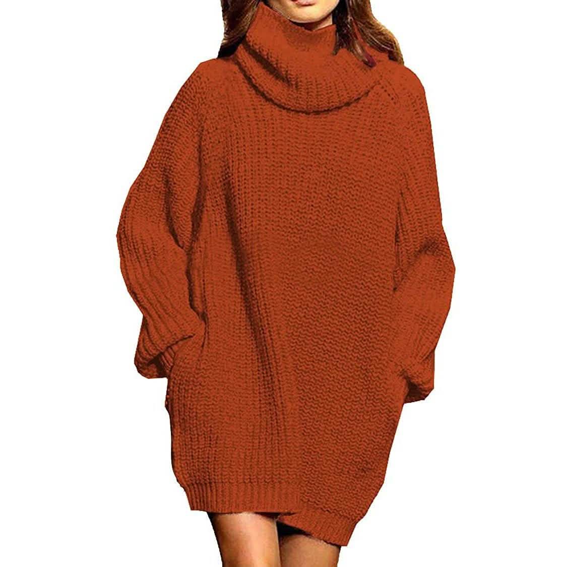 Damen Lockerer Rollkragen Oversize Longpullover Strickkleid