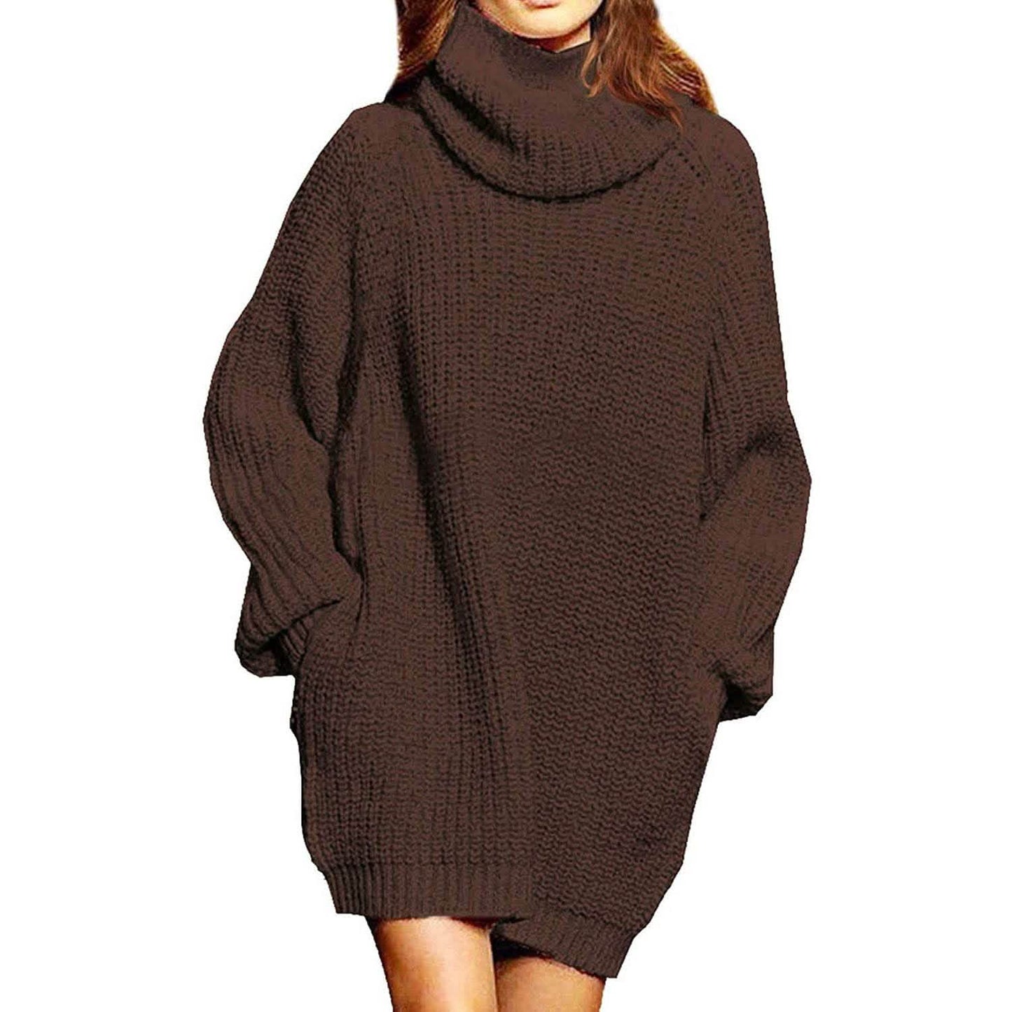 Damen Lockerer Rollkragen Oversize Longpullover Strickkleid