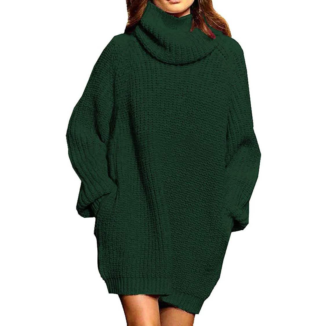 Damen Lockerer Rollkragen Oversize Longpullover Strickkleid