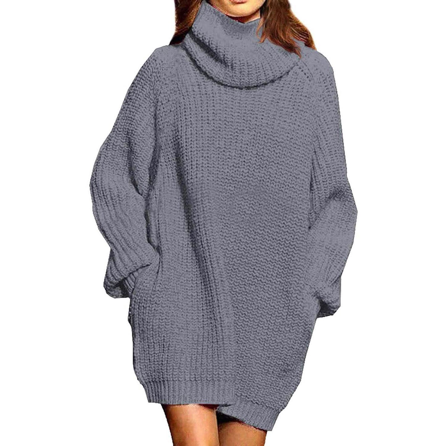 Damen Lockerer Rollkragen Oversize Longpullover Strickkleid