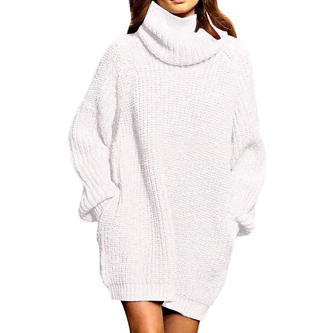 Damen Lockerer Rollkragen Oversize Longpullover Strickkleid