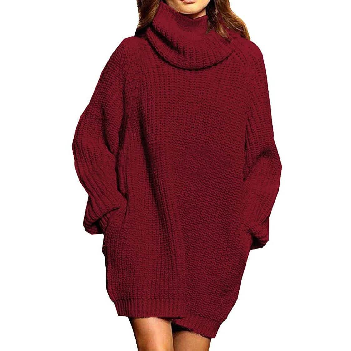 Damen Lockerer Rollkragen Oversize Longpullover Strickkleid