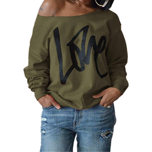 Damen Liebesbrief bedrucktes schulterfreies Pullover Sweatshirt lockere Oberteile Hemden