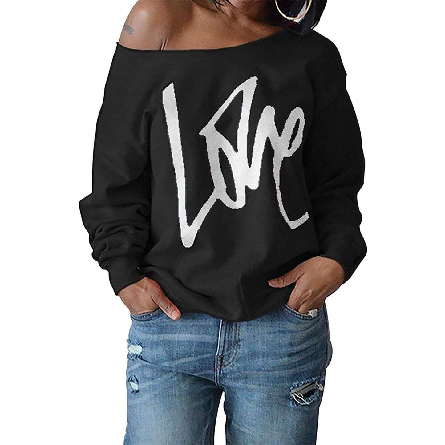 Damen Liebesbrief bedrucktes schulterfreies Pullover Sweatshirt lockere Oberteile Hemden