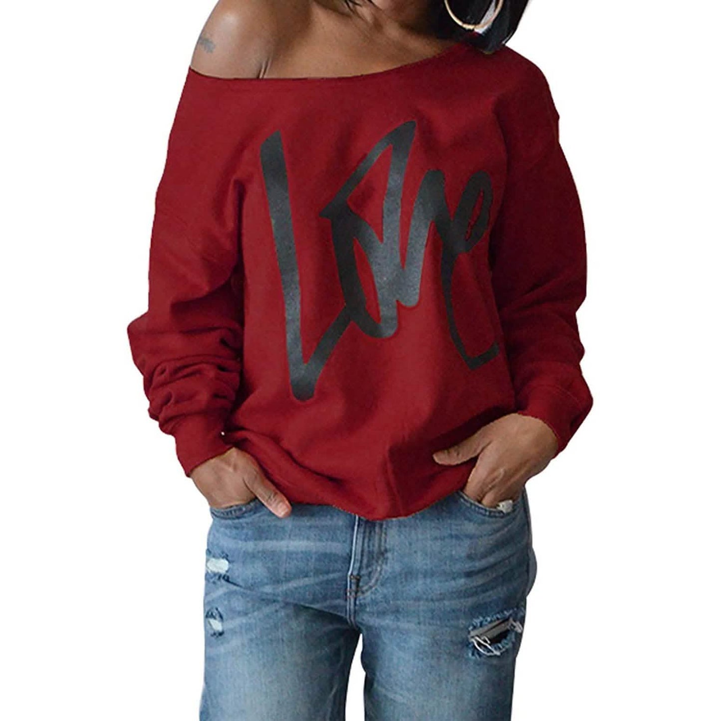 Damen Liebesbrief bedrucktes schulterfreies Pullover Sweatshirt lockere Oberteile Hemden