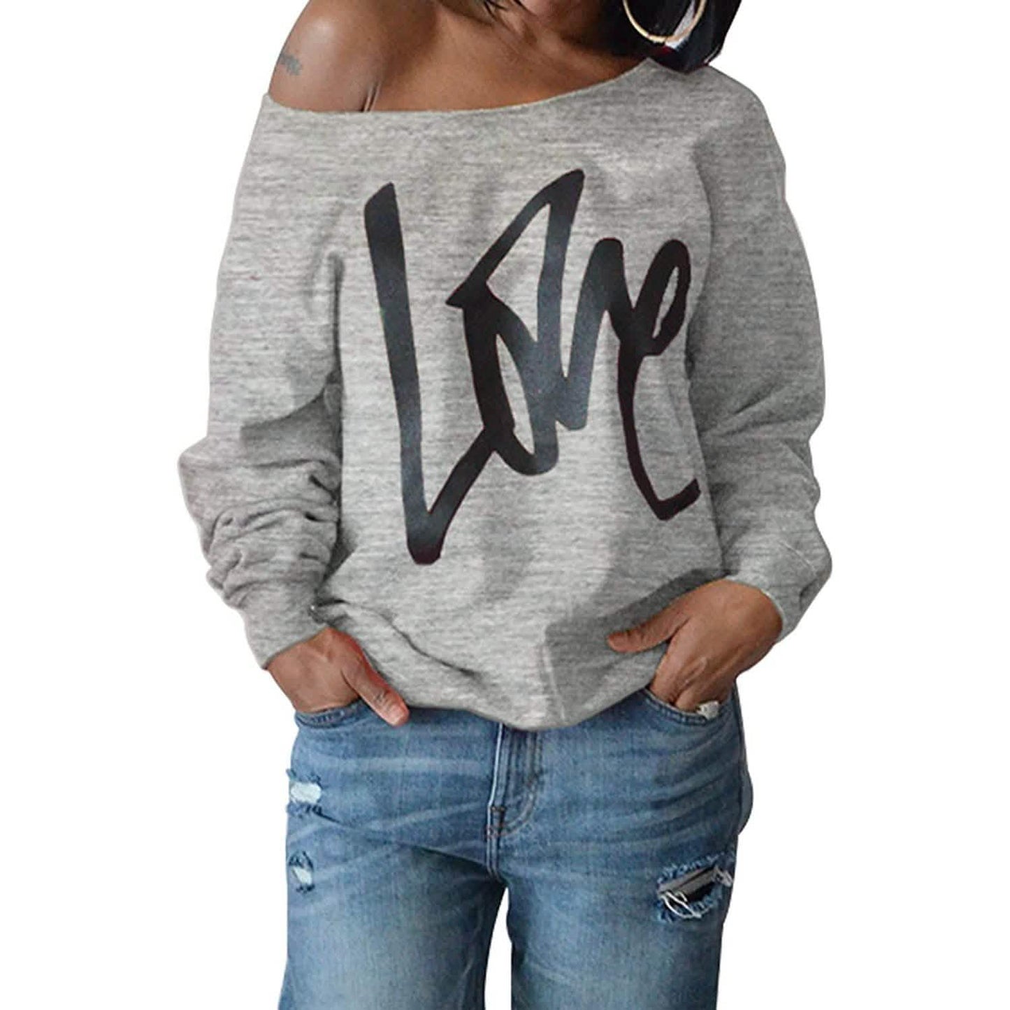 Damen Liebesbrief bedrucktes schulterfreies Pullover Sweatshirt lockere Oberteile Hemden