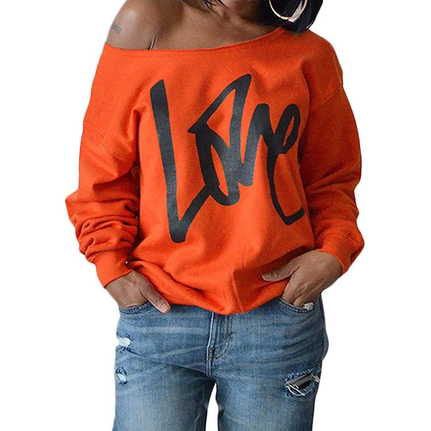 Damen Liebesbrief bedrucktes schulterfreies Pullover Sweatshirt lockere Oberteile Hemden