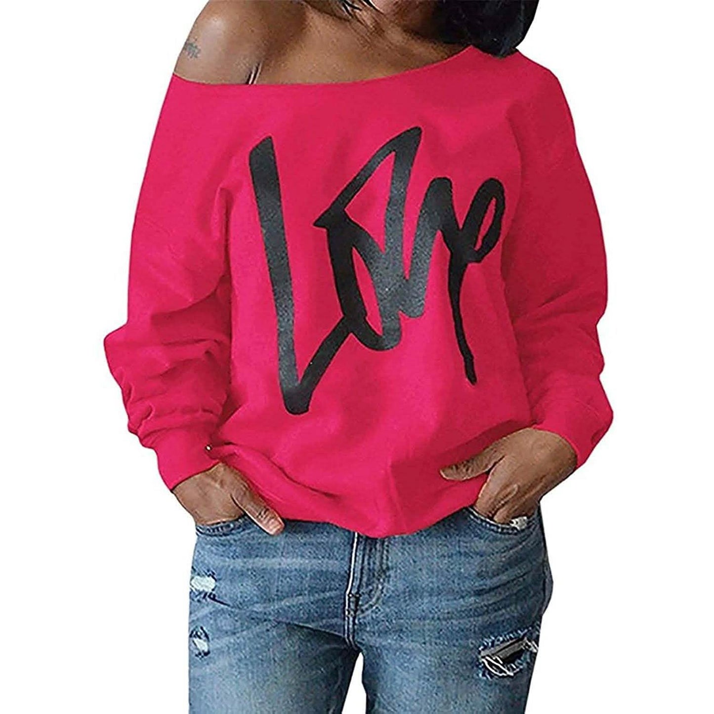 Damen Liebesbrief bedrucktes schulterfreies Pullover Sweatshirt lockere Oberteile Hemden