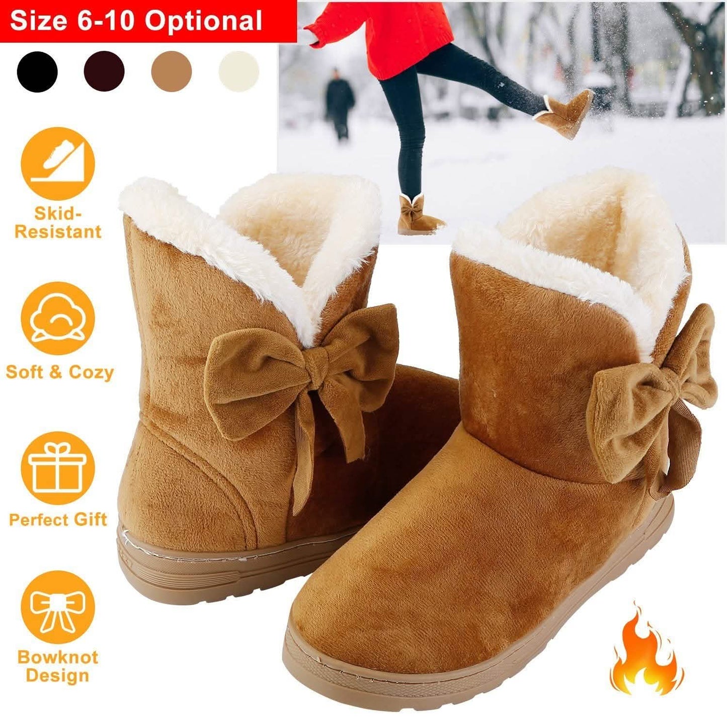 Damen-Winterstiefel Wadenhoch mit rutschfester Gummisohle und Schleife