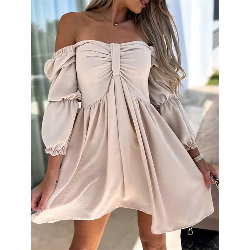 Damen Carmen-Ausschnitt Freizeitkleid mit Puffärmeln
