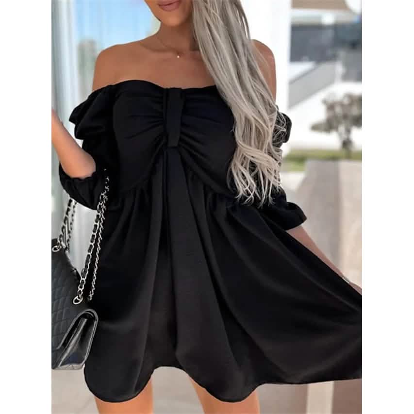 Damen Carmen-Ausschnitt Freizeitkleid mit Puffärmeln