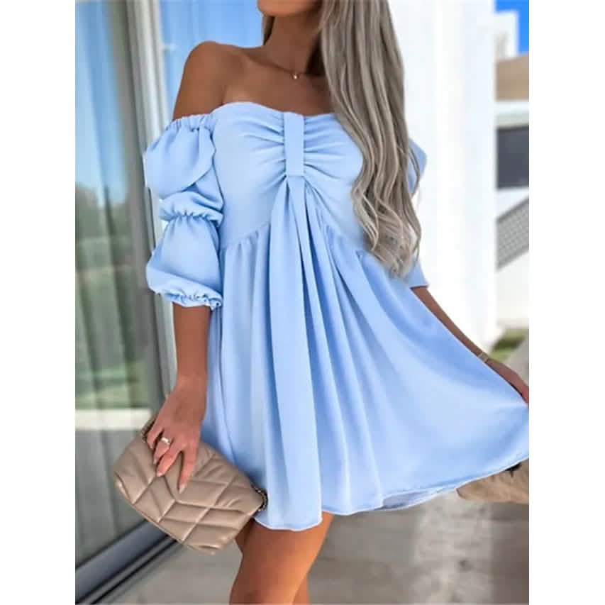 Damen Carmen-Ausschnitt Freizeitkleid mit Puffärmeln