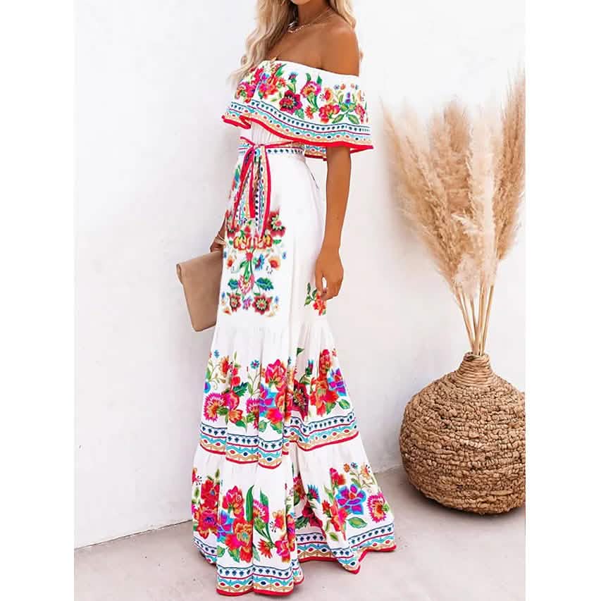 Damen schulterfreies Kleid mit Print