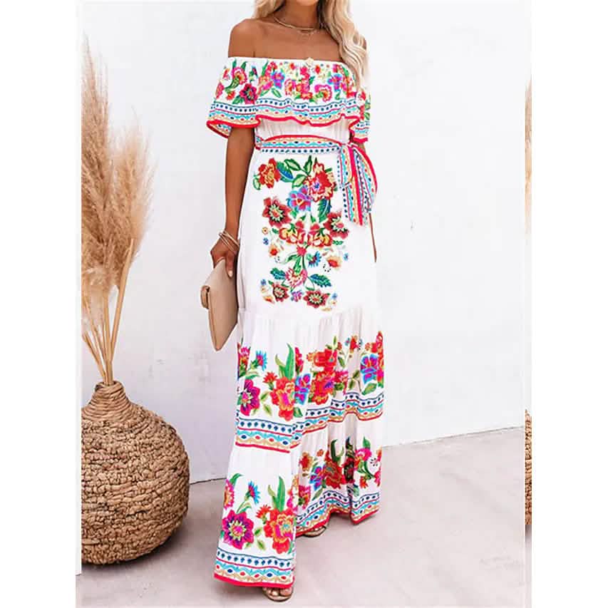 Damen schulterfreies Kleid mit Print