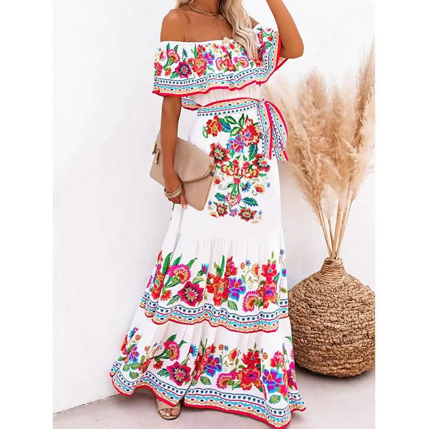Damen schulterfreies Kleid mit Print