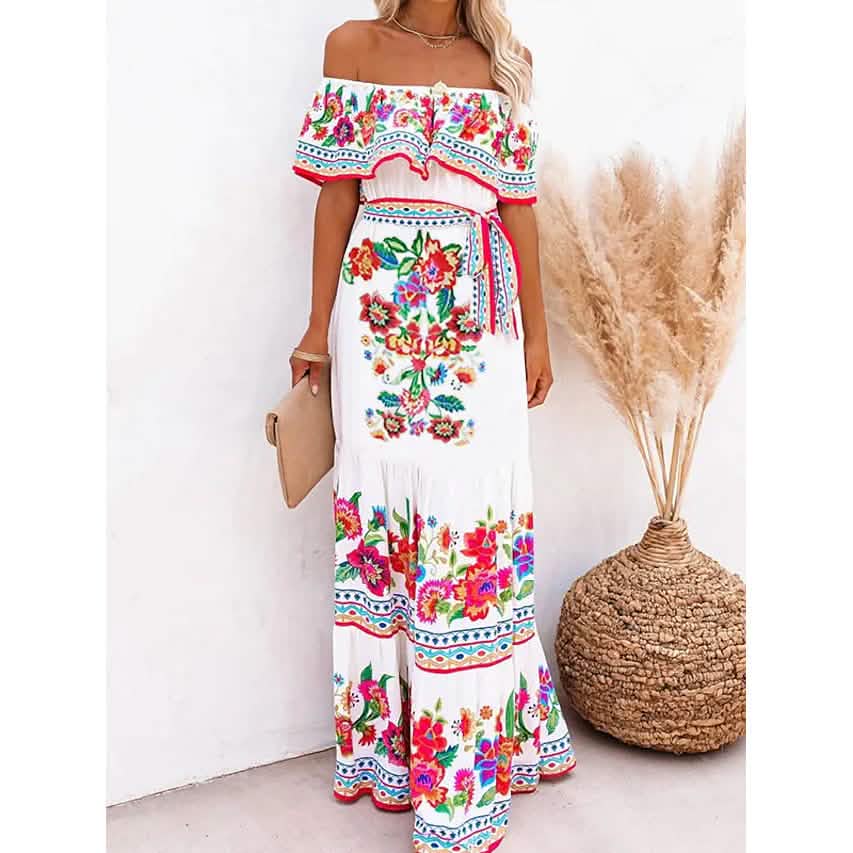 Damen schulterfreies Kleid mit Print