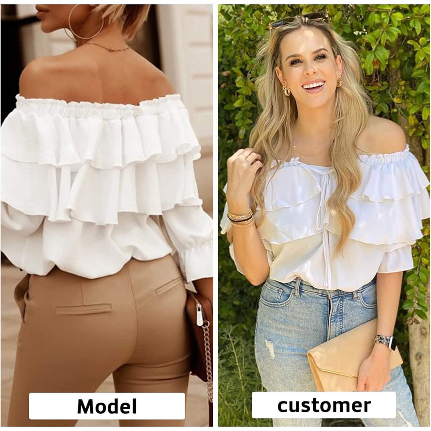 Damen schulterfreies Rüschen-Langarmshirt lässiges Lagen-Oberteil