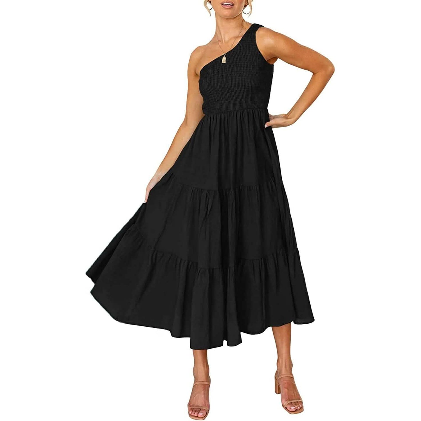 Damen One-Shoulder Ärmellos Gesmokt Rüschen Stufen Strand Langes Midikleid
