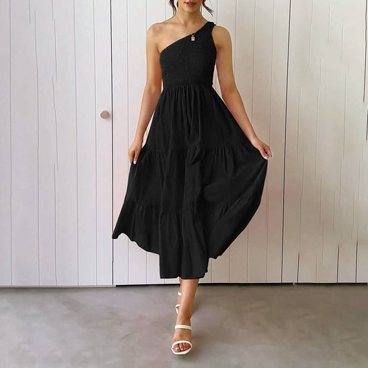 Damen One-Shoulder Ärmellos Gesmokt Rüschen Stufen Strand Langes Midikleid