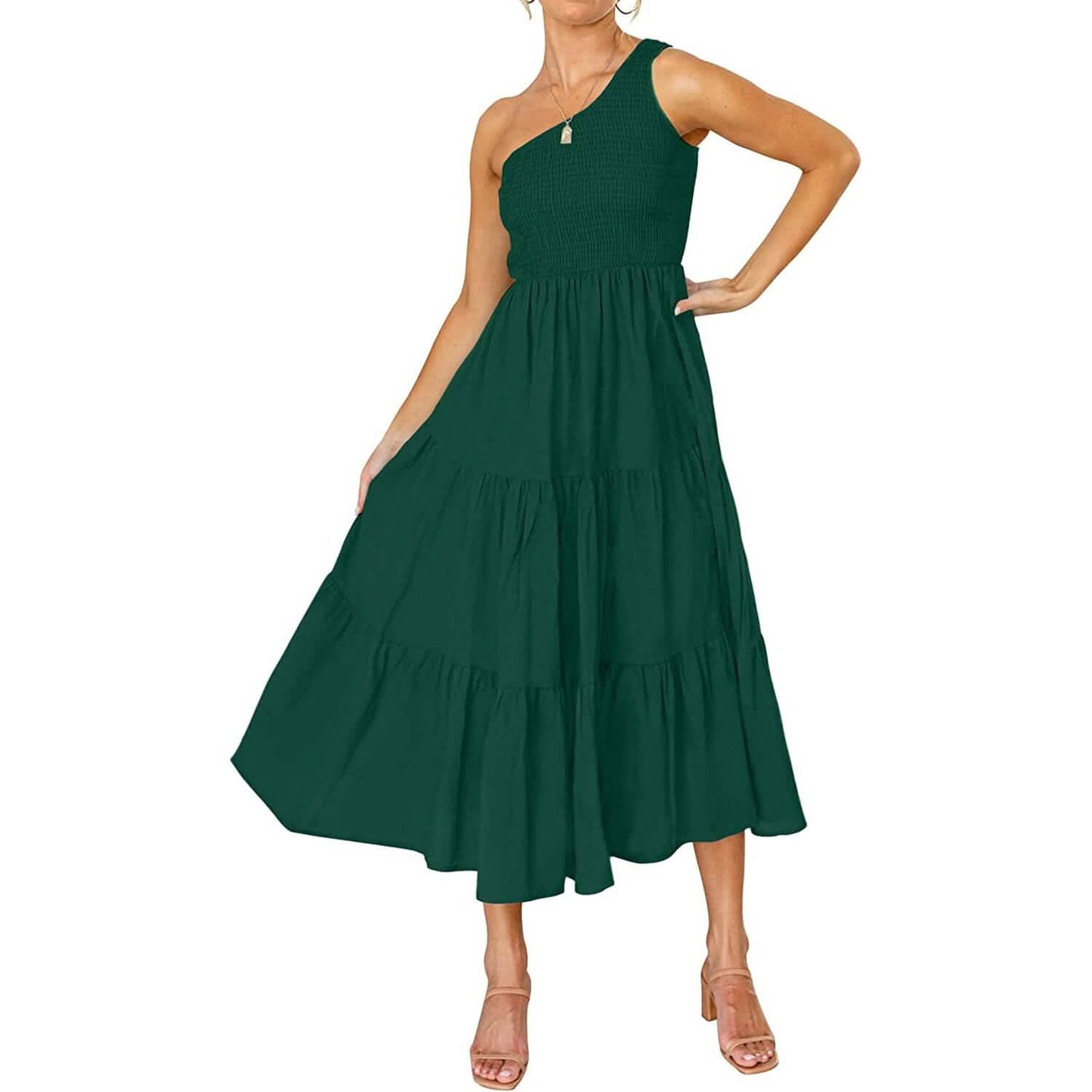 Damen One-Shoulder Ärmellos Gesmokt Rüschen Stufen Strand Langes Midikleid