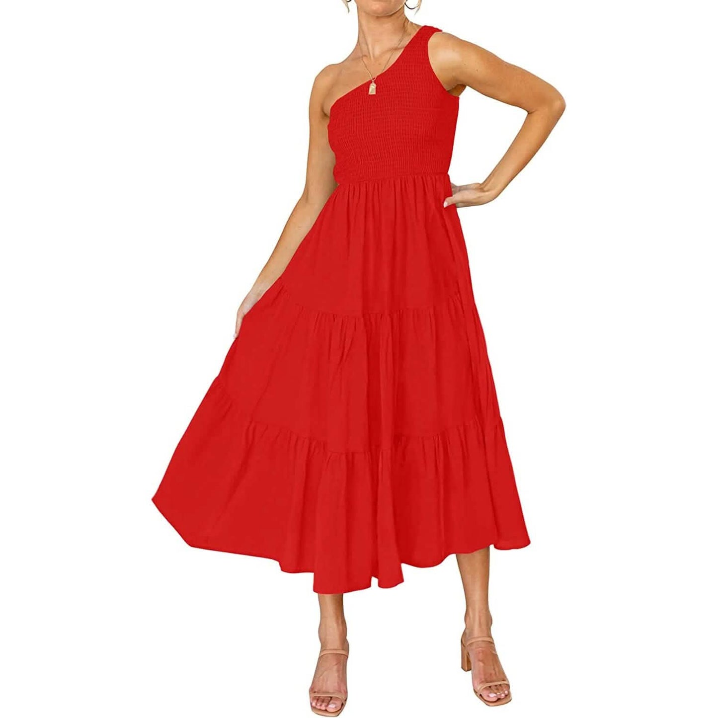Damen One-Shoulder Ärmellos Gesmokt Rüschen Stufen Strand Langes Midikleid