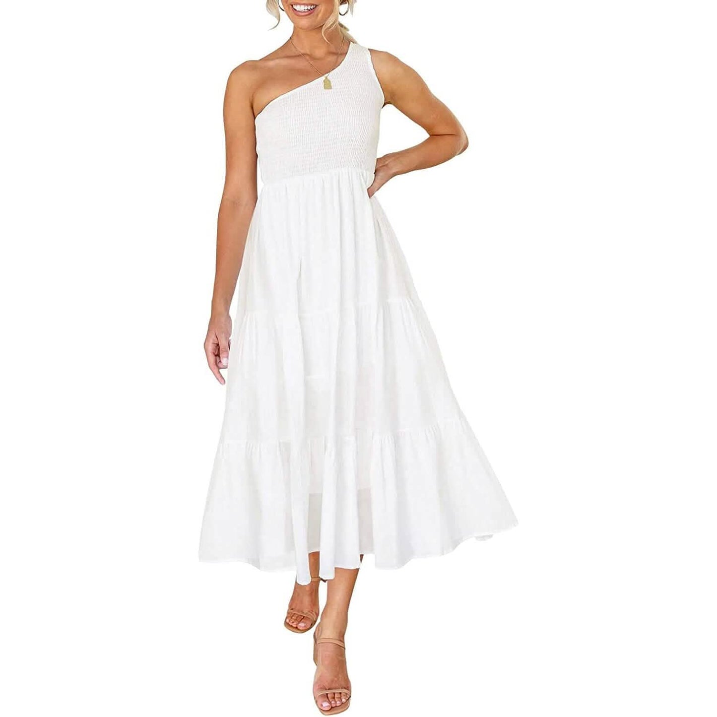 Damen One-Shoulder Ärmellos Gesmokt Rüschen Stufen Strand Langes Midikleid