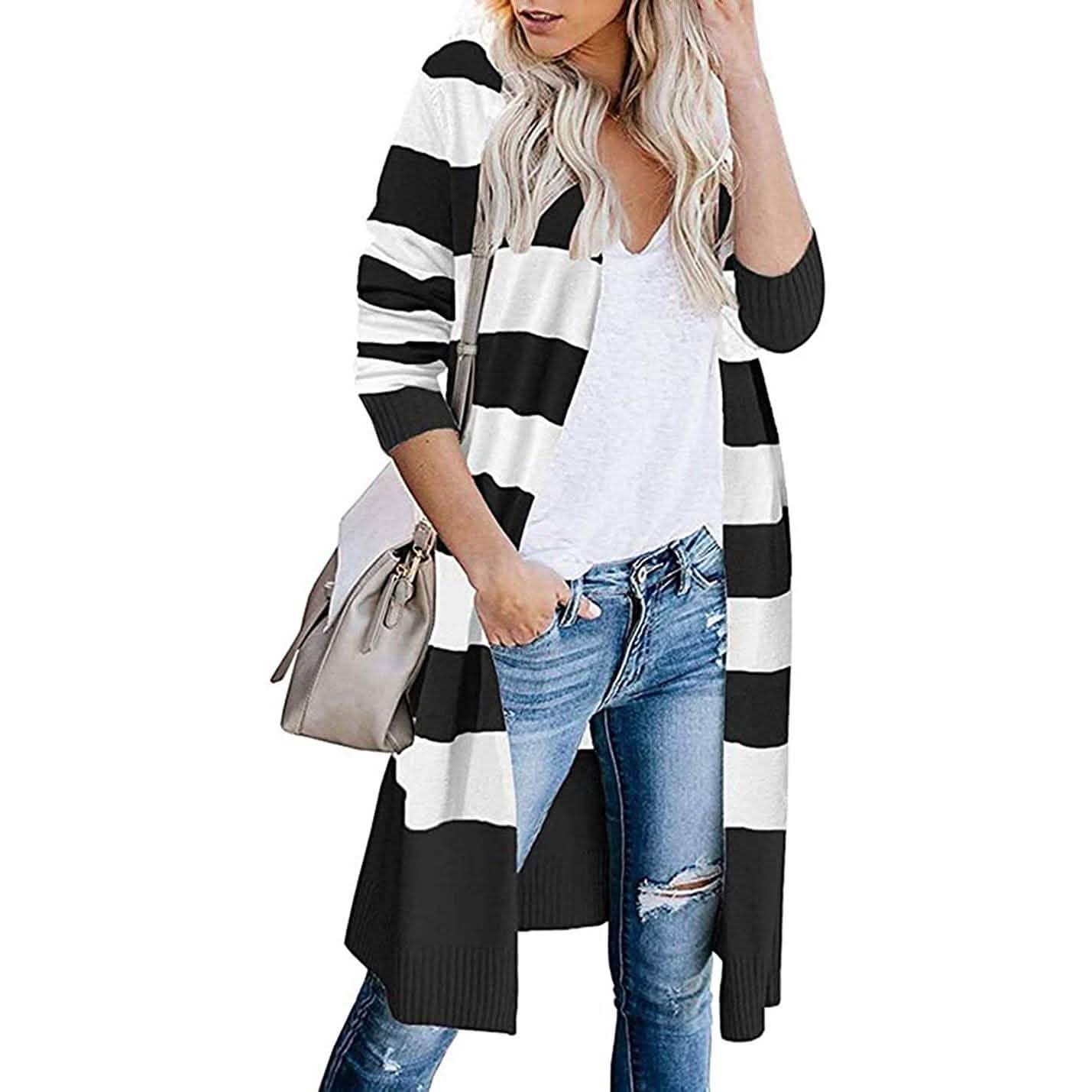 Damen offener langer Cardigan mit langen Ärmeln, leichter Strick-Herbstpullover