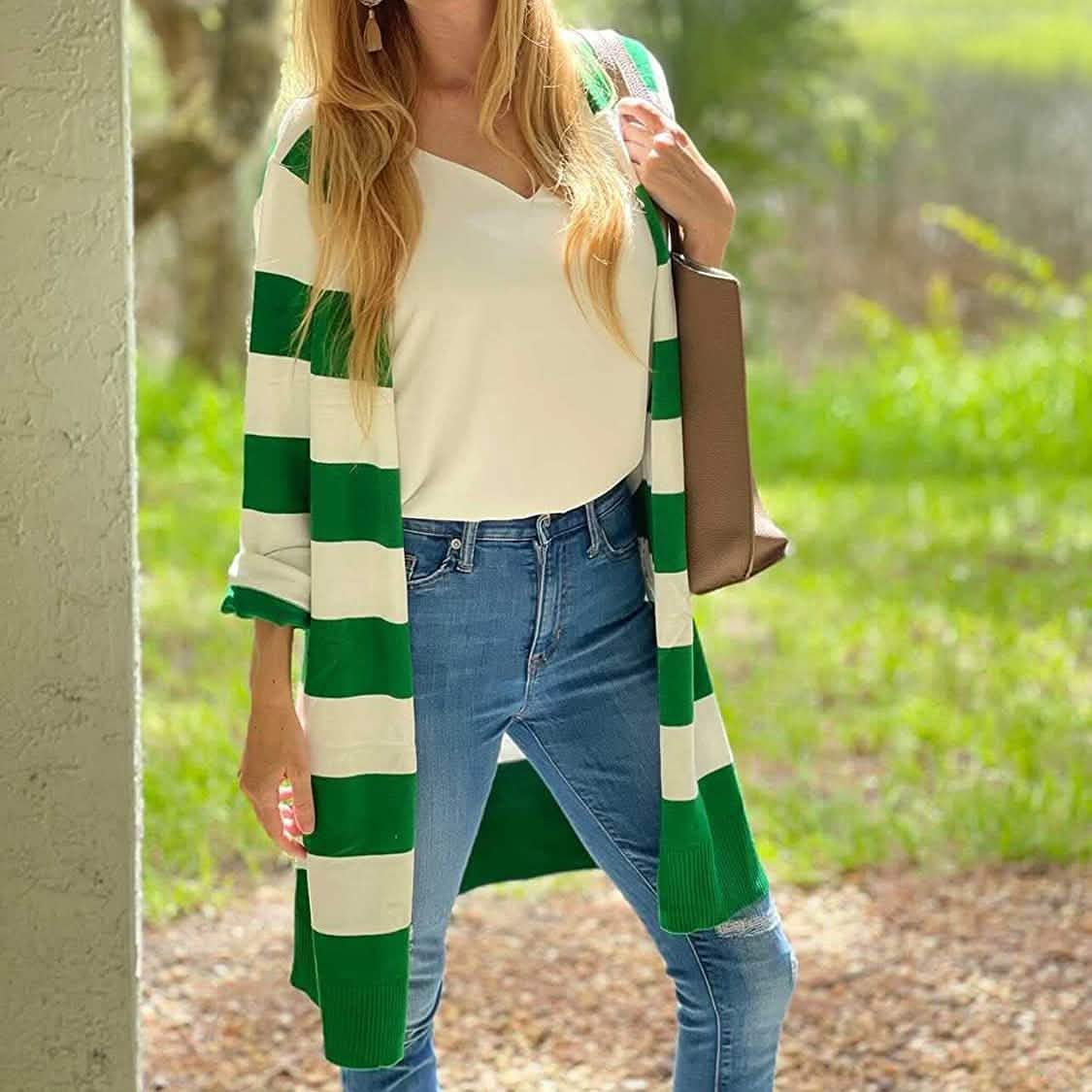 Damen offener langer Cardigan mit langen Ärmeln, leichter Strick-Herbstpullover