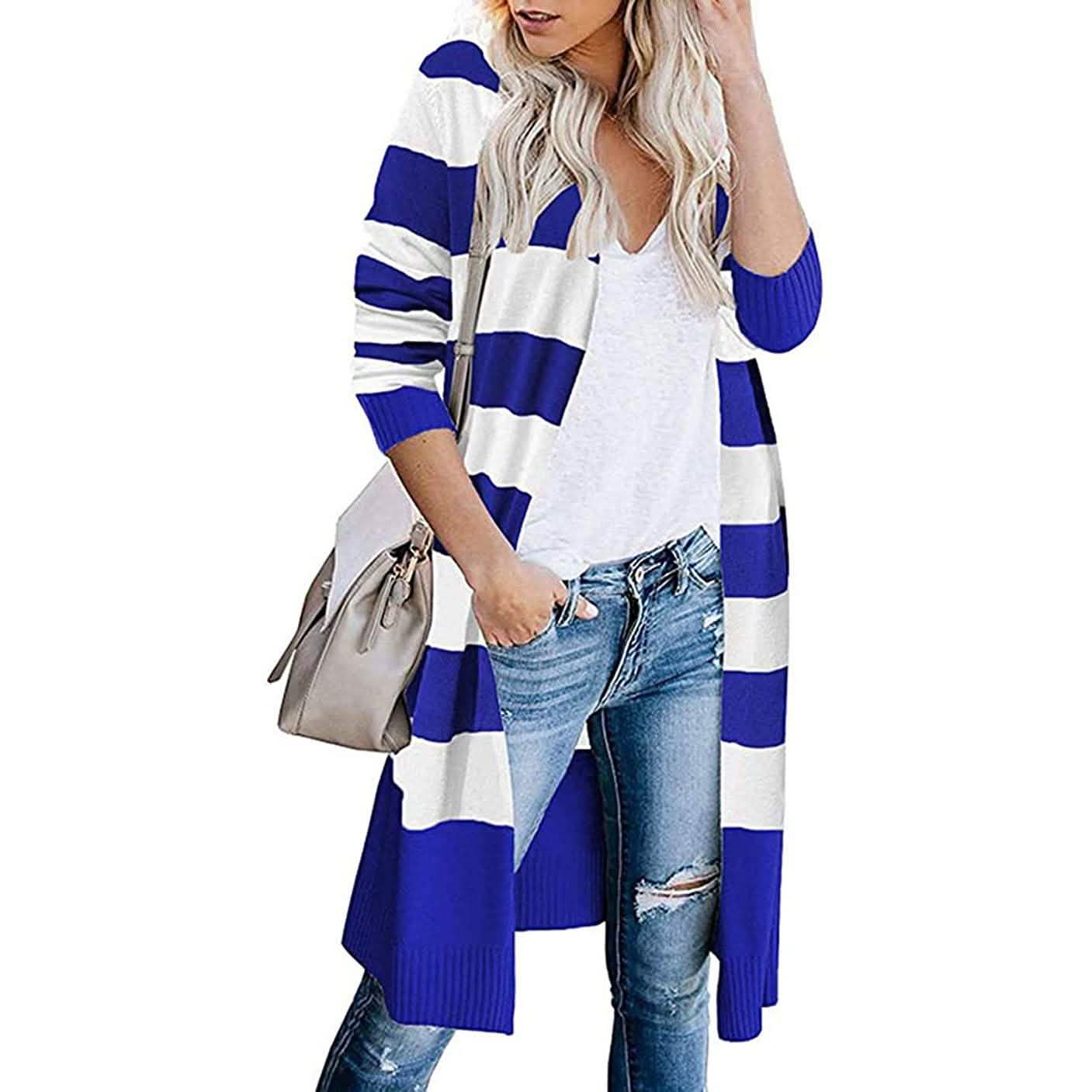 Damen offener langer Cardigan mit langen Ärmeln, leichter Strick-Herbstpullover