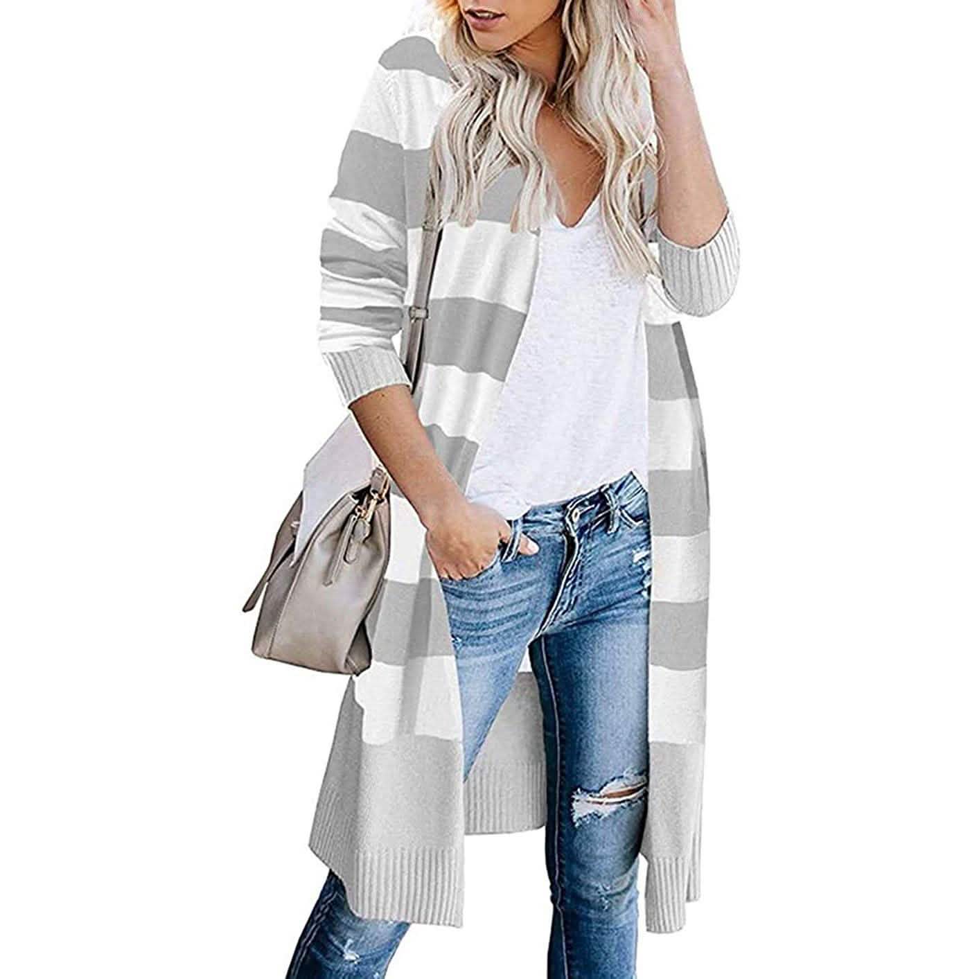 Damen offener langer Cardigan mit langen Ärmeln, leichter Strick-Herbstpullover