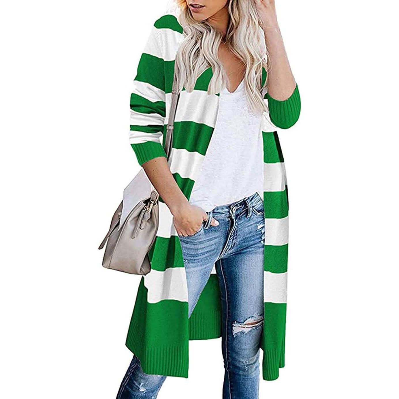 Damen offener langer Cardigan mit langen Ärmeln, leichter Strick-Herbstpullover