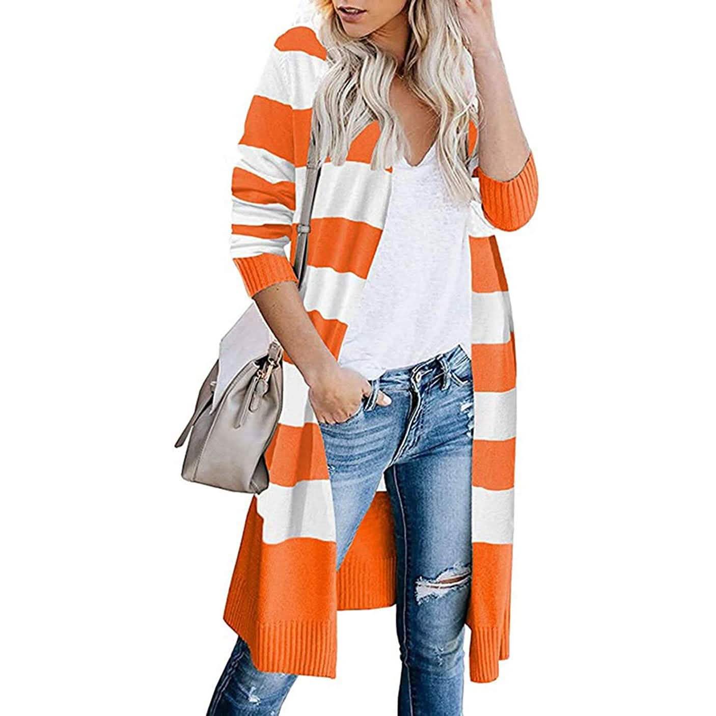 Damen offener langer Cardigan mit langen Ärmeln, leichter Strick-Herbstpullover
