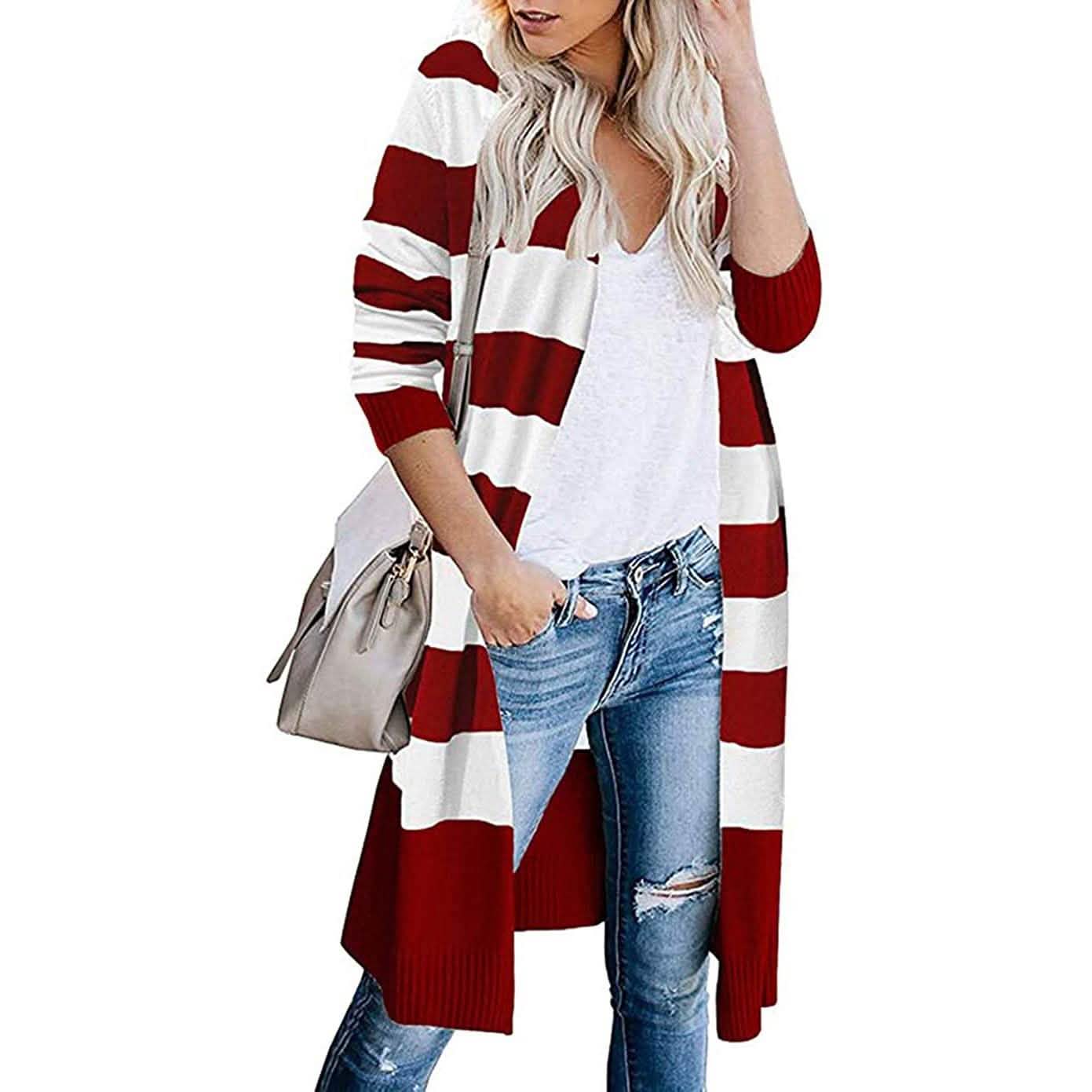 Damen offener langer Cardigan mit langen Ärmeln, leichter Strick-Herbstpullover