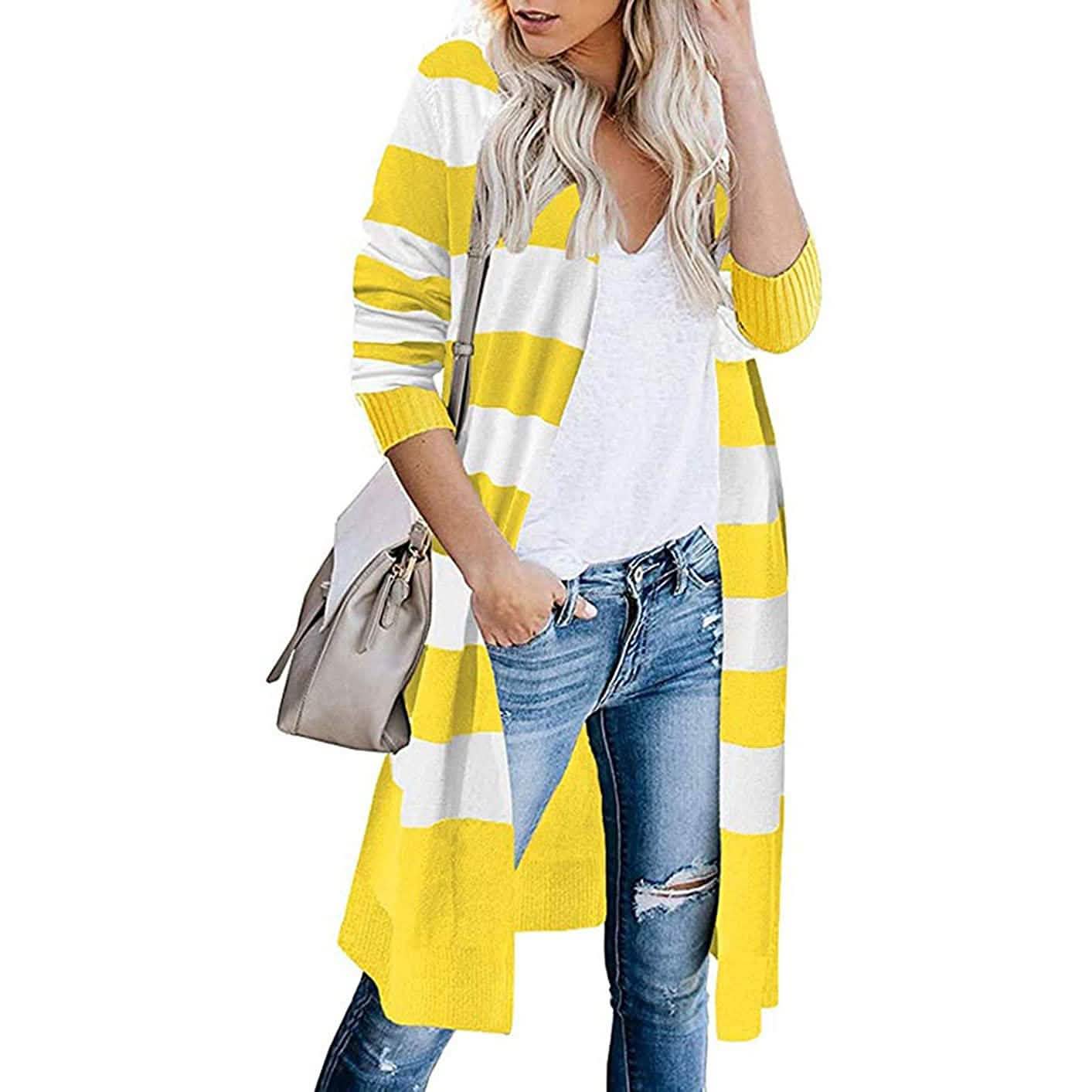 Damen offener langer Cardigan mit langen Ärmeln, leichter Strick-Herbstpullover