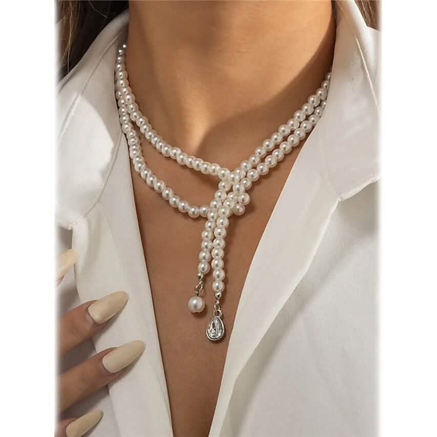 Elegante mehrlagige Kunstperlenkette für Damen, böhmischer Quastenanhänger, zweireihiger Schmuck