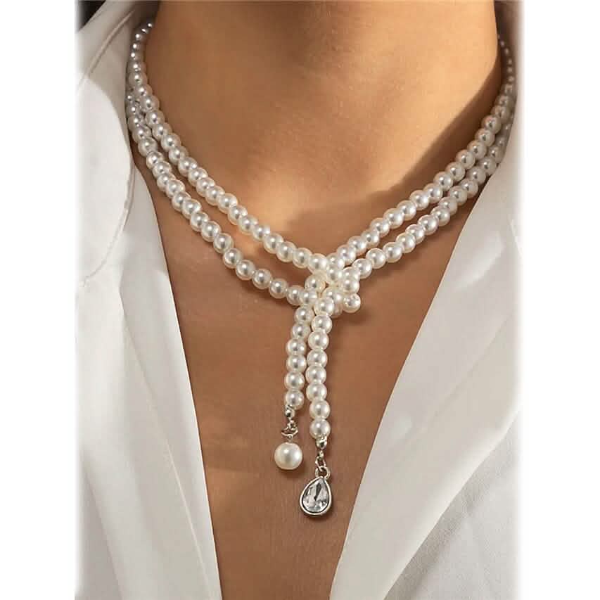 Elegante mehrlagige Kunstperlenkette für Damen, böhmischer Quastenanhänger, zweireihiger Schmuck