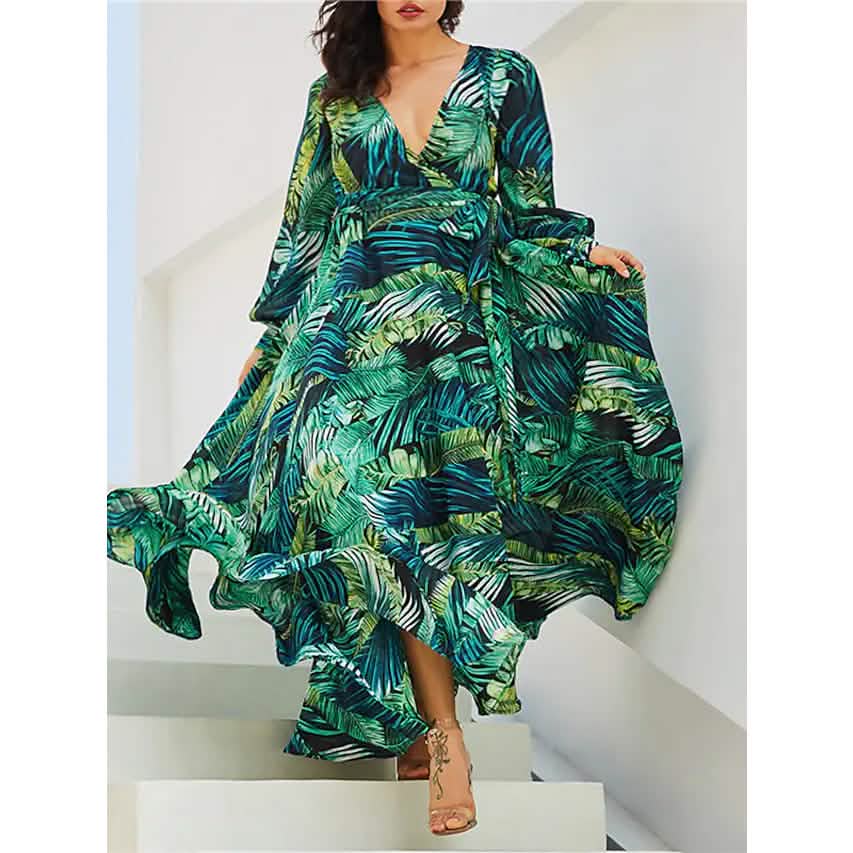 Damen Große Größen A-Linien-Kleid Floral V-Ausschnitt bedruckt Laternenärmel