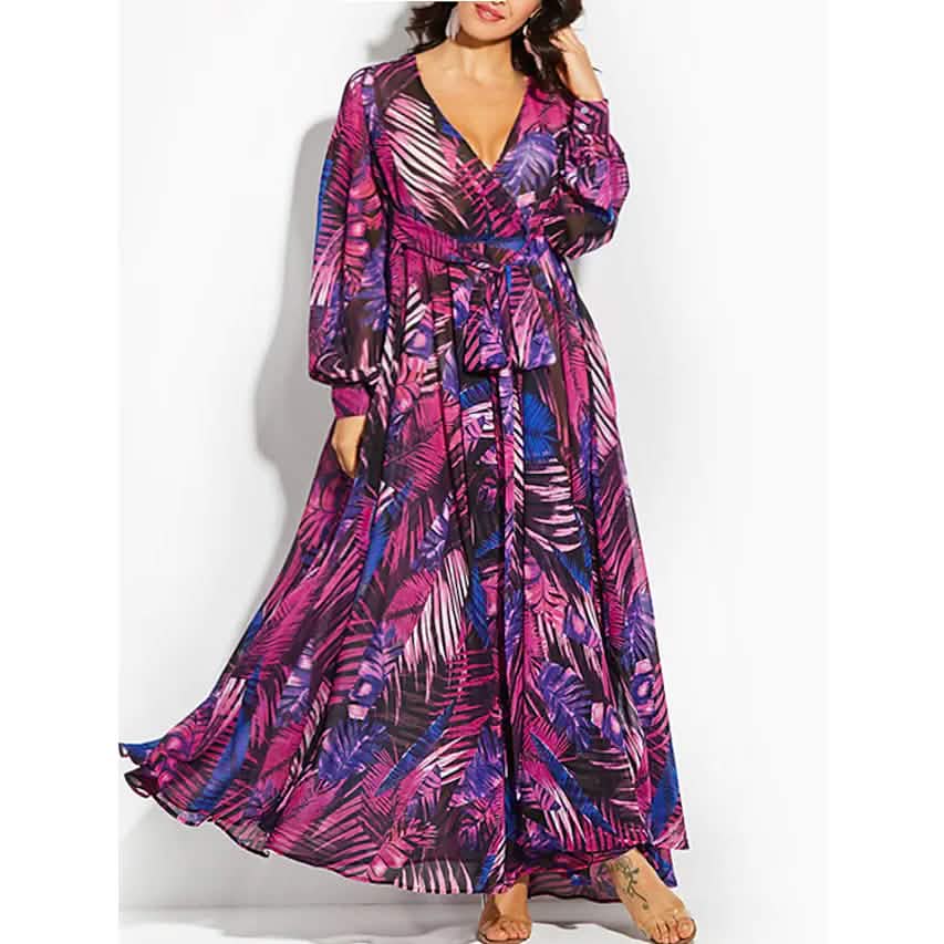 Damen Große Größen A-Linien-Kleid Floral V-Ausschnitt bedruckt Laternenärmel