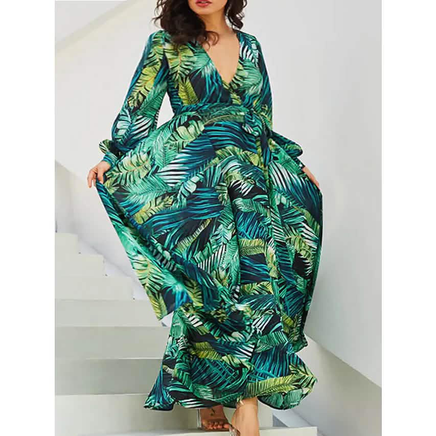 Damen Große Größen A-Linien-Kleid Floral V-Ausschnitt bedruckt Laternenärmel