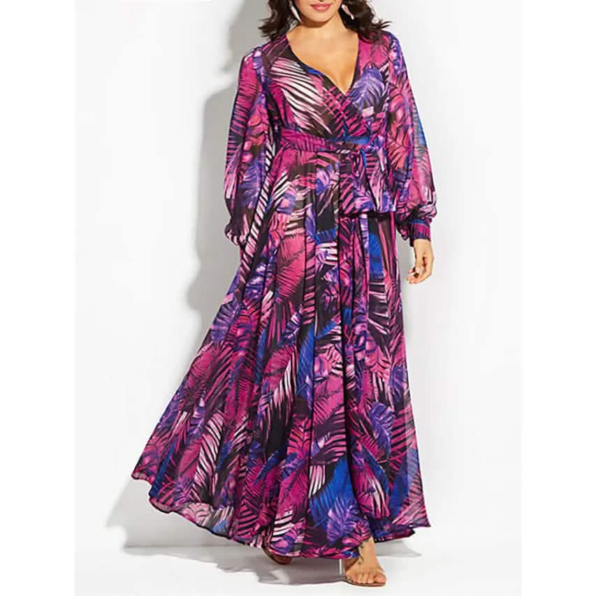 Damen Große Größen A-Linien-Kleid Floral V-Ausschnitt bedruckt Laternenärmel
