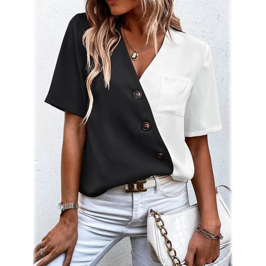 Damen Kurzarmshirt mit V-Ausschnitt, Knöpfen und Tasche